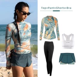 Nu-June Women's Swimsuit Print Surf Rash Guard Long Sleeve Quick Dry Swim Shorts Set Sport Sun Protection Bathing Suit Swimwear