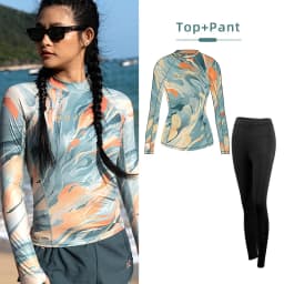 Nu-June Women's Swimsuit Print Surf Rash Guard Long Sleeve Quick Dry Swim Shorts Set Sport Sun Protection Bathing Suit Swimwear