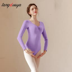 Women Basic Dance Leotard Long Sleeve V-Neck Adult Team Ballet Leotard Dancewear Cotton Fabric Bodysuit Leotard Bodysuit