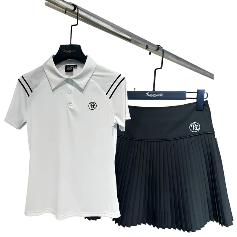 PL Summer Golf Women's Polo Shirts Mesh Breathable Short Sleeve Top Quick-dry T-Shirt Pleated Golf Skort Sports Tennis Skirts