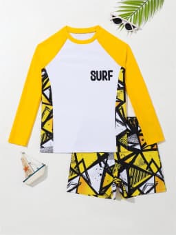 Boy Swimsuit 2026 New Geometry Print Long Sleeve Children Swimwear Summer Two Piece Kids Beach Wear Swimming Bathing Suit Men's