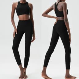 High Impact Gym Suit Women Ribbed Fabric Two Pieces Fitness Yoga Set Slim Fit Stretchy Running Sportswear Workout Clothes
