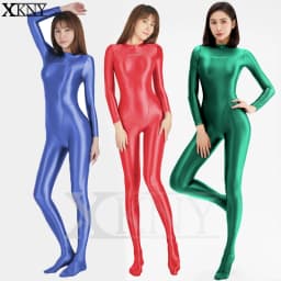 AMORESY satin tights Long Sleeve Full Length Oil Tights Smooth Yoga bodysuit Casual Sport Suits XClocKNYoung Jumpsuits
