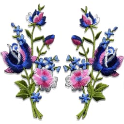 1 Pair Pink Blue Roses Pair Flowers Floral Bouquet Boho Embroidered Appliques Iron-on Patches New