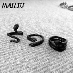 9styles European Retro Punk Exaggerated Spirit Black Snake Ring Fashion Personality Stereoscopic Opening Adjustable Ring Jewelry