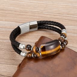 2020 New Male Jewelry Genuine Leather Bracelet Tiger Eye Beads Bracelets Charm Stainless Steel Magnetic Clasps Men Wrist Gifts
