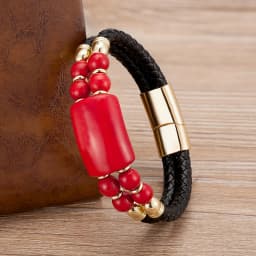 2020 New Male Jewelry Genuine Leather Bracelet Tiger Eye Beads Bracelets Charm Stainless Steel Magnetic Clasps Men Wrist Gifts