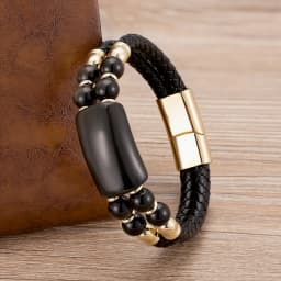 2020 New Male Jewelry Genuine Leather Bracelet Tiger Eye Beads Bracelets Charm Stainless Steel Magnetic Clasps Men Wrist Gifts