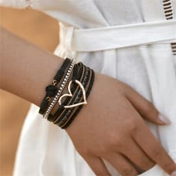 Amorcome Fashion Braided Leather Wrap Bracelets Bangles Multilayer Resin Stone Hollow Heart Charm Bracelets Women Gift Pulseira