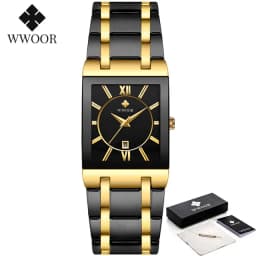 WWOOR Brand Luxury Gold Bracelet Men's Watches Fashion Square Quartz Wrist Watch For Men Stainless Steel Waterproof Reloj Hombre
