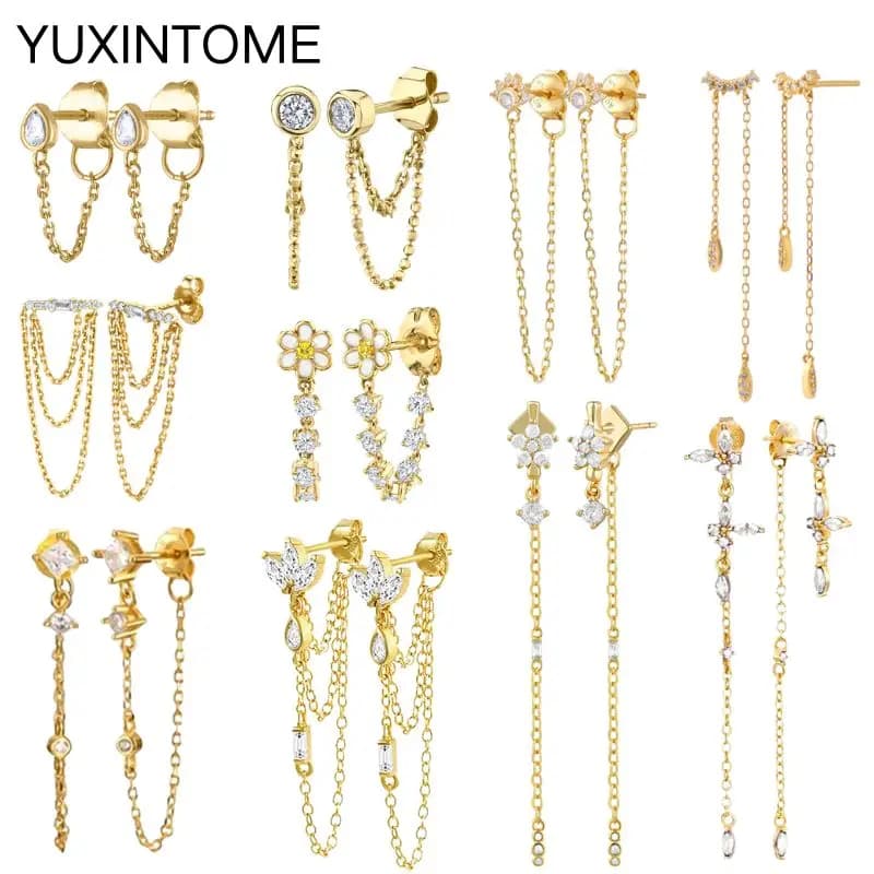 925 Sterling Silver Ear Needle Crystal Long Chain Tassel Stud Earrings For Women Female Party Wedding Jewelry Gift
