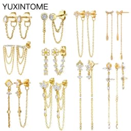 925 Sterling Silver Ear Needle Crystal Long Chain Tassel Stud Earrings For Women Female Party Wedding Jewelry Gift