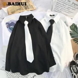 EBAIHUI Autumn Long Sleeve Loose Student Blouse Shirt Women White Black Turn Down Collar Casual Oversize Blusas Vintage Top