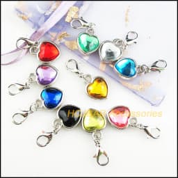20Pcs Dull Silver Plated Retro Mixed Acrylic Heart With Lobster Claw Clasps Charms 12.5x16.5mm
