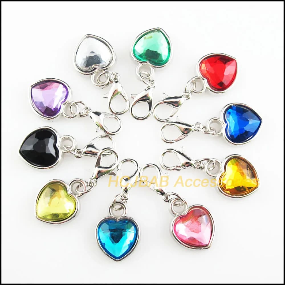 20Pcs Dull Silver Plated Retro Mixed Acrylic Heart With Lobster Claw Clasps Charms 12.5x16.5mm
