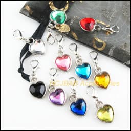 20Pcs Dull Silver Plated Retro Mixed Acrylic Heart With Lobster Claw Clasps Charms 12.5x16.5mm