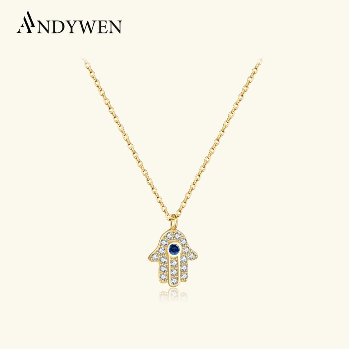 ANDYWEN 925 Sterling Silver Hamsa Hand Pendant Necklace Gold Long Chain Fashion Jewelry Party Jewels Luxury ZIrcon CZ Wedding