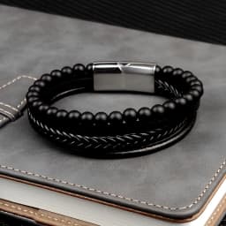 MingAo Charm Men Jewelry Natural Stone Multi-Layer Leather bracelet Black Stainless Steel Magnetic Clasp Tiger eye Bead Bracelet