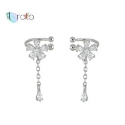 Plated 24K Gold Crystal Flower Clip Earrings Water Drop With Dangling Chain Earrings For Women Cartilage Ear Cuff Jewelry