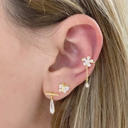 Plated 24K Gold Crystal Flower Clip Earrings Water Drop With Dangling Chain Earrings For Women Cartilage Ear Cuff Jewelry