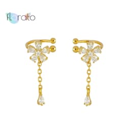 Plated 24K Gold Crystal Flower Clip Earrings Water Drop With Dangling Chain Earrings For Women Cartilage Ear Cuff Jewelry