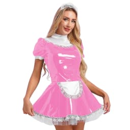 Womens French Maid Cosplay Costume Short Sleeve Latex Patent Leather Lace Trim Maidservant Dress Role Play Outfit with Neck Ring