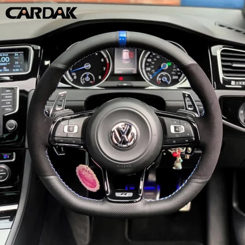 CARDAK Black Suede Leather Car Steering Wheel Cover for Volkswagen Golf 7 MK7 GTI R VW Polo Scirocco 2015 2016