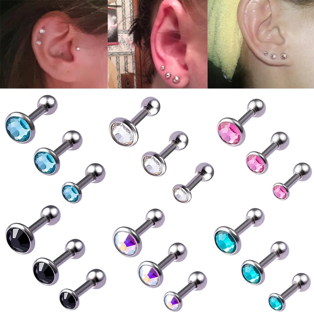 3pcs/lot 16g CZ Stone Cartilage Tragus Helix Conch Studs Bar Daith Earring Piercing Jewelry 3mm 4mm 5mm Top for Men Women