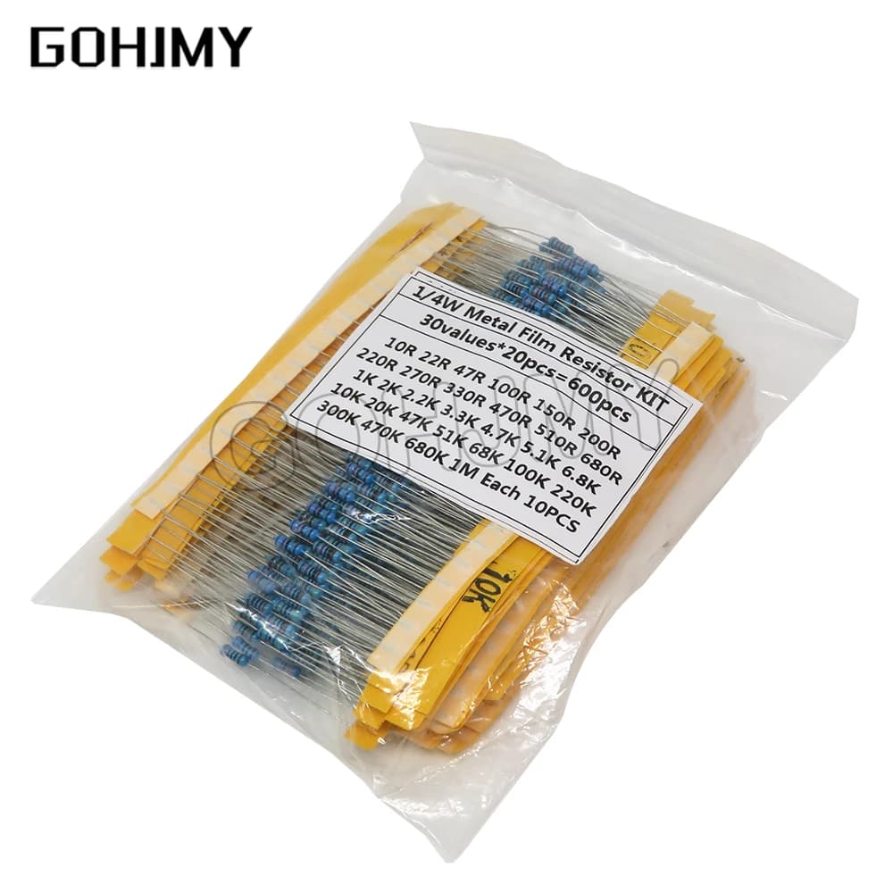 600pcs/set 30 Kinds 1/4W Resistance Metal Film Resistor Pack Assorted Kit 1% 1K 10K 10K 100K 220ohm 1M Resistors 300pcs/set