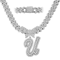 Men Women 14MM Cuban Chain Crystal Butterfly Initials Name Pendant Necklace Iced Out Cursive Letters Rapper Necklace Jewelry New