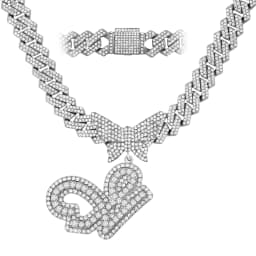 Men Women 14MM Cuban Chain Crystal Butterfly Initials Name Pendant Necklace Iced Out Cursive Letters Rapper Necklace Jewelry New