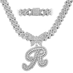 Men Women 14MM Cuban Chain Crystal Butterfly Initials Name Pendant Necklace Iced Out Cursive Letters Rapper Necklace Jewelry New