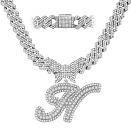 Men Women 14MM Cuban Chain Crystal Butterfly Initials Name Pendant Necklace Iced Out Cursive Letters Rapper Necklace Jewelry New