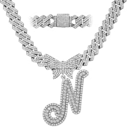 Men Women 14MM Cuban Chain Crystal Butterfly Initials Name Pendant Necklace Iced Out Cursive Letters Rapper Necklace Jewelry New
