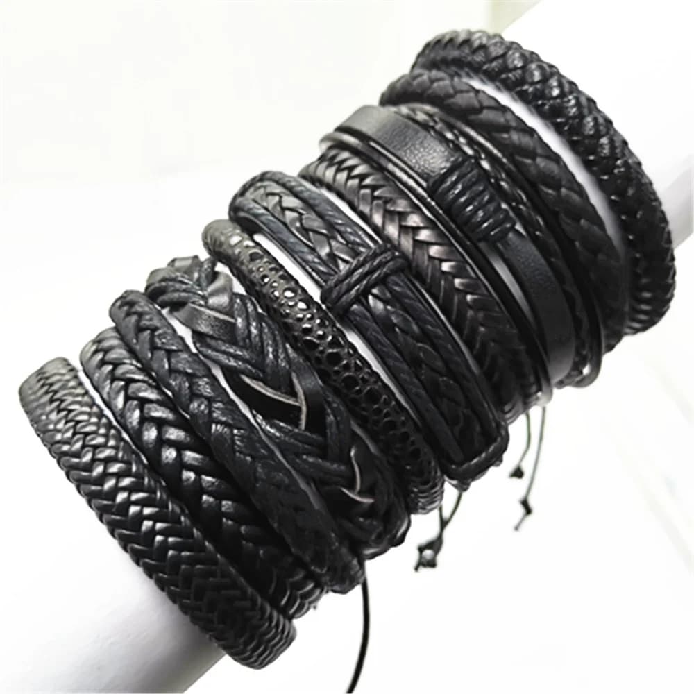 Black Handmade 10 Pcs/set Design Men Bracelets Male Women Leather Bracelets Men Bangle Wholesale Jewelry