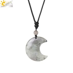 Crescent Moon Crystal Necklace Natural Gem Stone Pendant Tiger Eye Amethysts Pink Quartz Black Obsidian Opal Rope Wrap Necklace