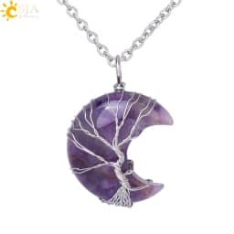 Crescent Moon Crystal Necklace Natural Gem Stone Pendant Tiger Eye Amethysts Pink Quartz Black Obsidian Opal Rope Wrap Necklace