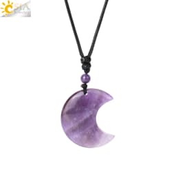 Crescent Moon Crystal Necklace Natural Gem Stone Pendant Tiger Eye Amethysts Pink Quartz Black Obsidian Opal Rope Wrap Necklace