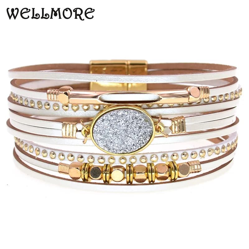 WELLMORE New Leather Bracelets for Women BOHO Charm Bracelets Gold Alloy Metal Female Jewelry Wholesale Dropshipping
