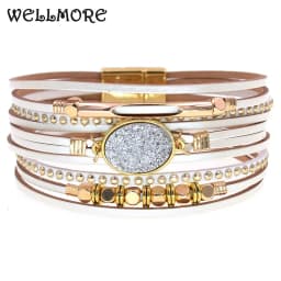 WELLMORE New Leather Bracelets for Women BOHO Charm Bracelets Gold Alloy Metal Female Jewelry Wholesale Dropshipping