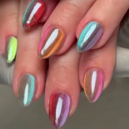 24pcs Glitter Fake Nails Purple Shiny Cat Eye Press On Nails Almond Head Manicure Nail Tips Pink/Blue False Nail Patch For Girl