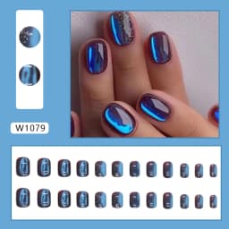 24pcs Glitter Fake Nails Purple Shiny Cat Eye Press On Nails Almond Head Manicure Nail Tips Pink/Blue False Nail Patch For Girl