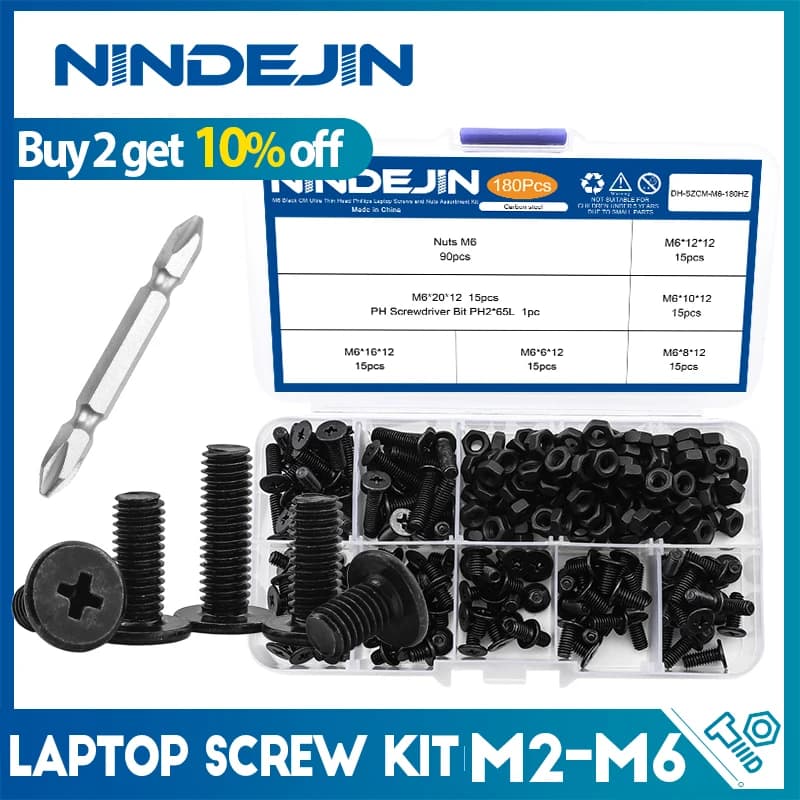 NINDEJIN M2-M6 Thin Flat Head Laptop Screw Set Black Carbon Steel Ultra Thin Wafer Head Phillips Machine Screw Nut Assortment