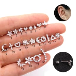 Zircon Ear Piercing For Women Stainless Steel Moon Flower Cartilage Stud Earrings Helix Tragus Rook Flat Piercing Jewelry 1PC