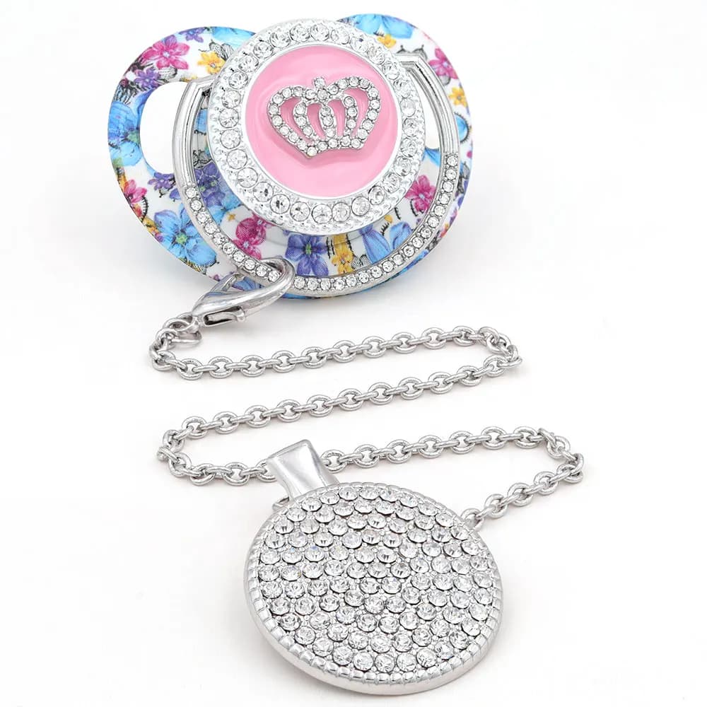 Pacifier Clip Silver Corwn Pacifier Beads Personalized Bling Pacifier Infant Nipple Holder chupetes de lujo