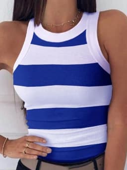 Summer Basic Elastic Tank Top Digital Printing T-shirt Women's O Neck Racerback Sexy Tank Top Stripe Print Sleeveless Tank Top