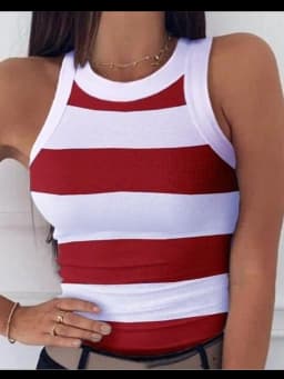 Summer Basic Elastic Tank Top Digital Printing T-shirt Women's O Neck Racerback Sexy Tank Top Stripe Print Sleeveless Tank Top