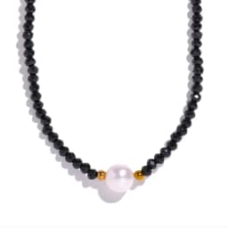 Yhpup Black Crystal Beads Chain Stainless Steel Natural Pearl Collar Necklace for Women Handmade Trade Trendy Simple Jewelry