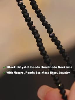 Yhpup Black Crystal Beads Chain Stainless Steel Natural Pearl Collar Necklace for Women Handmade Trade Trendy Simple Jewelry