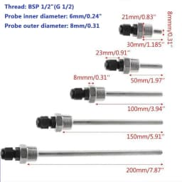 DS18B20 Digital Temperature Sensor G1/2" Thread Probe DIA=8mm PVC 3-core Wire SUS304 Stainless Steel Shell L30-200mm